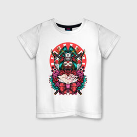 Детская футболка хлопок с принтом Японская гейша воительница в Новосибирске, 100% хлопок | круглый вырез горловины, полуприлегающий силуэт, длина до линии бедер | Тематика изображения на принте: катана | цветы | череп | япония