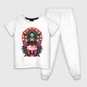 Детская пижама хлопок с принтом Японская гейша воительница в Новосибирске, 100% хлопок |  брюки и футболка прямого кроя, без карманов, на брюках мягкая резинка на поясе и по низу штанин
 | катана | цветы | череп | япония