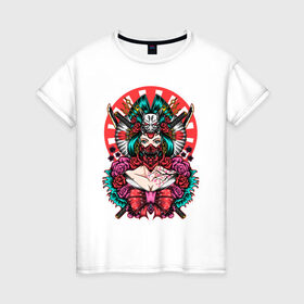 Женская футболка хлопок с принтом Японская гейша воительница в Новосибирске, 100% хлопок | прямой крой, круглый вырез горловины, длина до линии бедер, слегка спущенное плечо | катана | цветы | череп | япония