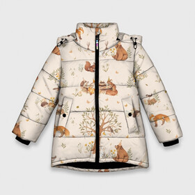Зимняя куртка для девочек 3D с принтом Forest animals в Новосибирске, ткань верха — 100% полиэстер; подклад — 100% полиэстер, утеплитель — 100% полиэстер. | длина ниже бедра, удлиненная спинка, воротник стойка и отстегивающийся капюшон. Есть боковые карманы с листочкой на кнопках, утяжки по низу изделия и внутренний карман на молнии. 

Предусмотрены светоотражающий принт на спинке, радужный светоотражающий элемент на пуллере молнии и на резинке для утяжки. | белки | детские принты | животные | зайчики | картинки детские | кролики | лесные животные | милые животные | милые звери