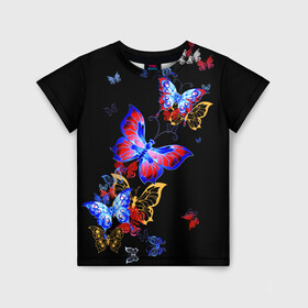 Детская футболка 3D с принтом Поцелуй бабочек в Новосибирске, 100% гипоаллергенный полиэфир | прямой крой, круглый вырез горловины, длина до линии бедер, чуть спущенное плечо, ткань немного тянется | angel | butterfly | fairy | neon | night | wings | ангел | бабочка | бабочки | девушке | животные | красочные | крылья | летающие | магия | махаон | мотыльки | насекомые | неоновые | ночные | ночь | подарок | природа