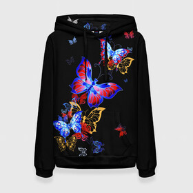 Женская толстовка 3D с принтом Поцелуй бабочек в Новосибирске, 100% полиэстер  | двухслойный капюшон со шнурком для регулировки, мягкие манжеты на рукавах и по низу толстовки, спереди карман-кенгуру с мягким внутренним слоем. | Тематика изображения на принте: angel | butterfly | fairy | neon | night | wings | ангел | бабочка | бабочки | девушке | животные | красочные | крылья | летающие | магия | махаон | мотыльки | насекомые | неоновые | ночные | ночь | подарок | природа