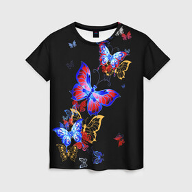 Женская футболка 3D с принтом Поцелуй бабочек в Новосибирске, 100% полиэфир ( синтетическое хлопкоподобное полотно) | прямой крой, круглый вырез горловины, длина до линии бедер | Тематика изображения на принте: angel | butterfly | fairy | neon | night | wings | ангел | бабочка | бабочки | девушке | животные | красочные | крылья | летающие | магия | махаон | мотыльки | насекомые | неоновые | ночные | ночь | подарок | природа