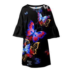 Детское платье 3D с принтом Поцелуй бабочек в Новосибирске, 100% полиэстер | прямой силуэт, чуть расширенный к низу. Круглая горловина, на рукавах — воланы | angel | butterfly | fairy | neon | night | wings | ангел | бабочка | бабочки | девушке | животные | красочные | крылья | летающие | магия | махаон | мотыльки | насекомые | неоновые | ночные | ночь | подарок | природа