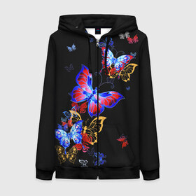 Женская толстовка 3D на молнии с принтом Поцелуй бабочек в Новосибирске, 100% полиэстер | длина до линии бедра, манжеты и пояс оформлены мягкой тканевой резинкой, двухслойный капюшон со шнурком для регулировки, спереди молния, по бокам два кармана | Тематика изображения на принте: angel | butterfly | fairy | neon | night | wings | ангел | бабочка | бабочки | девушке | животные | красочные | крылья | летающие | магия | махаон | мотыльки | насекомые | неоновые | ночные | ночь | подарок | природа