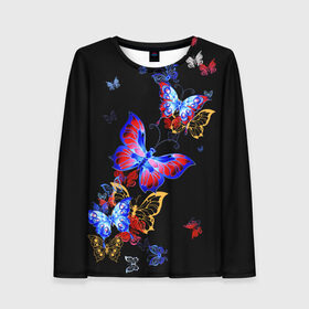 Женский лонгслив 3D с принтом Поцелуй бабочек в Новосибирске, 100% полиэстер | длинные рукава, круглый вырез горловины, полуприлегающий силуэт | angel | butterfly | fairy | neon | night | wings | ангел | бабочка | бабочки | девушке | животные | красочные | крылья | летающие | магия | махаон | мотыльки | насекомые | неоновые | ночные | ночь | подарок | природа