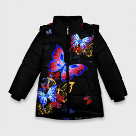 Зимняя куртка для девочек 3D с принтом Поцелуй бабочек в Новосибирске, ткань верха — 100% полиэстер; подклад — 100% полиэстер, утеплитель — 100% полиэстер. | длина ниже бедра, удлиненная спинка, воротник стойка и отстегивающийся капюшон. Есть боковые карманы с листочкой на кнопках, утяжки по низу изделия и внутренний карман на молнии. 

Предусмотрены светоотражающий принт на спинке, радужный светоотражающий элемент на пуллере молнии и на резинке для утяжки. | angel | butterfly | fairy | neon | night | wings | ангел | бабочка | бабочки | девушке | животные | красочные | крылья | летающие | магия | махаон | мотыльки | насекомые | неоновые | ночные | ночь | подарок | природа