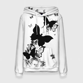 Женская толстовка 3D с принтом Черные бабочки на белом в Новосибирске, 100% полиэстер  | двухслойный капюшон со шнурком для регулировки, мягкие манжеты на рукавах и по низу толстовки, спереди карман-кенгуру с мягким внутренним слоем. | angel | black and white | butterfly | fairy | fashion girl | wings | ангел | бабочка | девушке | животные | крылья | летающие | магия | махаон | мотылек | мотыльки | насекомые | нежные | подарок | природа | сказочные | татуировки