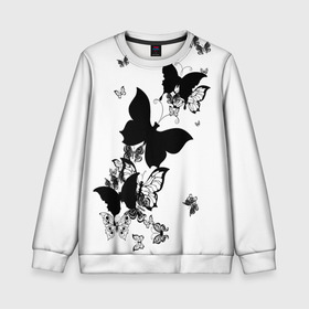 Детский свитшот 3D с принтом Черные бабочки на белом в Новосибирске, 100% полиэстер | свободная посадка, прямой крой, мягкая тканевая резинка на рукавах и понизу свитшота | angel | black and white | butterfly | fairy | fashion girl | wings | ангел | бабочка | девушке | животные | крылья | летающие | магия | махаон | мотылек | мотыльки | насекомые | нежные | подарок | природа | сказочные | татуировки