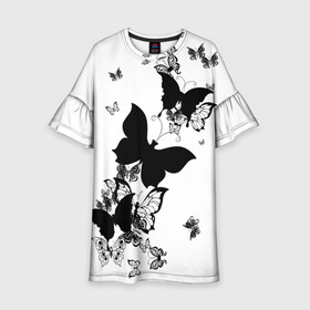 Детское платье 3D с принтом Черные бабочки на белом в Новосибирске, 100% полиэстер | прямой силуэт, чуть расширенный к низу. Круглая горловина, на рукавах — воланы | angel | black and white | butterfly | fairy | fashion girl | wings | ангел | бабочка | девушке | животные | крылья | летающие | магия | махаон | мотылек | мотыльки | насекомые | нежные | подарок | природа | сказочные | татуировки