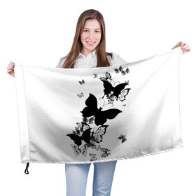 Флаг 3D с принтом Черные бабочки на белом в Новосибирске, 100% полиэстер | плотность ткани — 95 г/м2, размер — 67 х 109 см. Принт наносится с одной стороны | angel | black and white | butterfly | fairy | fashion girl | wings | ангел | бабочка | девушке | животные | крылья | летающие | магия | махаон | мотылек | мотыльки | насекомые | нежные | подарок | природа | сказочные | татуировки
