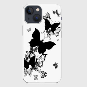 Чехол для iPhone 13 mini с принтом Черные бабочки на белом в Новосибирске,  |  | angel | black and white | butterfly | fairy | fashion girl | wings | ангел | бабочка | девушке | животные | крылья | летающие | магия | махаон | мотылек | мотыльки | насекомые | нежные | подарок | природа | сказочные | татуировки