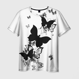 Мужская футболка 3D с принтом Черные бабочки на белом в Новосибирске, 100% полиэфир | прямой крой, круглый вырез горловины, длина до линии бедер | Тематика изображения на принте: angel | black and white | butterfly | fairy | fashion girl | wings | ангел | бабочка | девушке | животные | крылья | летающие | магия | махаон | мотылек | мотыльки | насекомые | нежные | подарок | природа | сказочные | татуировки