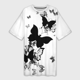 Платье-футболка 3D с принтом Черные бабочки на белом в Новосибирске,  |  | angel | black and white | butterfly | fairy | fashion girl | wings | ангел | бабочка | девушке | животные | крылья | летающие | магия | махаон | мотылек | мотыльки | насекомые | нежные | подарок | природа | сказочные | татуировки