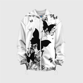 Детская куртка 3D с принтом Черные бабочки на белом в Новосибирске, 100% полиэстер | застежка — молния, подол и капюшон оформлены резинкой с фиксаторами, по бокам — два кармана без застежек, один потайной карман на груди, плотность верхнего слоя — 90 г/м2; плотность флисового подклада — 260 г/м2 | Тематика изображения на принте: angel | black and white | butterfly | fairy | fashion girl | wings | ангел | бабочка | девушке | животные | крылья | летающие | магия | махаон | мотылек | мотыльки | насекомые | нежные | подарок | природа | сказочные | татуировки