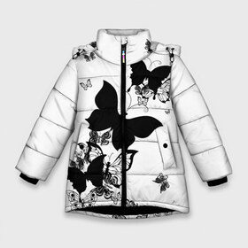 Зимняя куртка для девочек 3D с принтом Черные бабочки на белом в Новосибирске, ткань верха — 100% полиэстер; подклад — 100% полиэстер, утеплитель — 100% полиэстер. | длина ниже бедра, удлиненная спинка, воротник стойка и отстегивающийся капюшон. Есть боковые карманы с листочкой на кнопках, утяжки по низу изделия и внутренний карман на молнии. 

Предусмотрены светоотражающий принт на спинке, радужный светоотражающий элемент на пуллере молнии и на резинке для утяжки. | angel | black and white | butterfly | fairy | fashion girl | wings | ангел | бабочка | девушке | животные | крылья | летающие | магия | махаон | мотылек | мотыльки | насекомые | нежные | подарок | природа | сказочные | татуировки