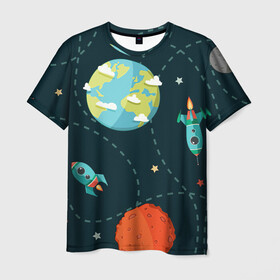 Мужская футболка 3D с принтом Космический перелёт в Новосибирске, 100% полиэфир | прямой крой, круглый вырез горловины, длина до линии бедер | Тематика изображения на принте: арт | звезда | звёзды | земля | космос | марс | перелёт | планета | планеты | полёт | ракета | ракеты | рисунок | сатурн | юпитер