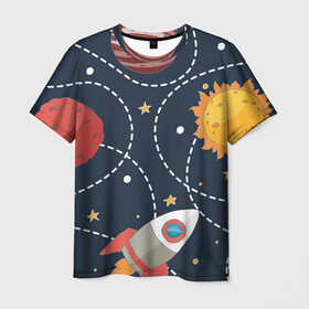 Мужская футболка 3D с принтом Космический перелёт в Новосибирске, 100% полиэфир | прямой крой, круглый вырез горловины, длина до линии бедер | арт | звезда | звёзды | земля | космос | марс | перелёт | планета | планеты | полёт | ракета | ракеты | рисунок | сатурн | солнце | юпитер
