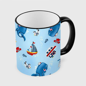 Кружка с полной запечаткой с принтом Морская атмосфера в Новосибирске, керамика | ёмкость 330 мл | арт | белый | кит | киты | корабли | корабль | краб | крабы | красные крабы | красный | красный краб | море | моряк | моряки | пароход | пароходы | птица | птицы | рисунок | синий | чайка | чайки | якорь