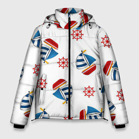 Мужская зимняя куртка 3D с принтом Морская атмосфера в Новосибирске, верх — 100% полиэстер; подкладка — 100% полиэстер; утеплитель — 100% полиэстер | длина ниже бедра, свободный силуэт Оверсайз. Есть воротник-стойка, отстегивающийся капюшон и ветрозащитная планка. 

Боковые карманы с листочкой на кнопках и внутренний карман на молнии. | арт | белый | корабли | корабль | красный | море | рисунок | синий | штурвал | яхта | яхты
