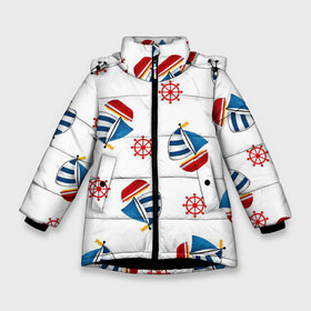 Зимняя куртка для девочек 3D с принтом Морская атмосфера в Новосибирске, ткань верха — 100% полиэстер; подклад — 100% полиэстер, утеплитель — 100% полиэстер. | длина ниже бедра, удлиненная спинка, воротник стойка и отстегивающийся капюшон. Есть боковые карманы с листочкой на кнопках, утяжки по низу изделия и внутренний карман на молнии. 

Предусмотрены светоотражающий принт на спинке, радужный светоотражающий элемент на пуллере молнии и на резинке для утяжки. | Тематика изображения на принте: арт | белый | корабли | корабль | красный | море | рисунок | синий | штурвал | яхта | яхты