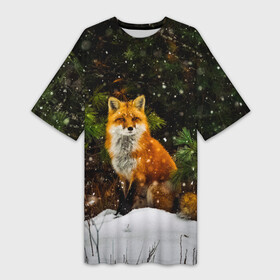 Платье-футболка 3D с принтом Лиса и снег в Новосибирске,  |  | fox | foxy | животные | звери | зима | зимняя | лиса | лисичка | лисы | природа | снег | снежная
