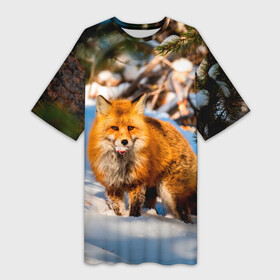 Платье-футболка 3D с принтом Лиса в лесу в Новосибирске,  |  | fox | foxy | животные | звери | зима | зимняя | лиса | лисичка | лисы | природа | снег | снежная