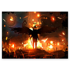 Поздравительная открытка с принтом Темный ангел ада в Новосибирске, 100% бумага | плотность бумаги 280 г/м2, матовая, на обратной стороне линовка и место для марки
 | ад | внутренне зло | демон | демоненок | крылья | миф | нимб | посох | преисподняя | силэут | страшные сказки | темный ангел | фольклор
