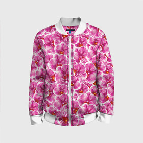 Детский бомбер 3D с принтом Розовые орхидеи в Новосибирске, 100% полиэстер | застегивается на молнию, по бокам два кармана без застежек, мягкие манжеты, по низу бомбера и на воротнике — эластичная резинка | Тематика изображения на принте: fashion flowers | pink | tropical | азия | бабочки | бразилия | букет | бутоны | джунгли | лепестки | лето | любимая | марта | нежные | орхидея | подарок | природа | растения | тропики | тропические | узор | цветение