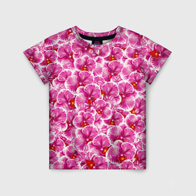 Детская футболка 3D с принтом Розовые орхидеи в Новосибирске, 100% гипоаллергенный полиэфир | прямой крой, круглый вырез горловины, длина до линии бедер, чуть спущенное плечо, ткань немного тянется | Тематика изображения на принте: fashion flowers | pink | tropical | азия | бабочки | бразилия | букет | бутоны | джунгли | лепестки | лето | любимая | марта | нежные | орхидея | подарок | природа | растения | тропики | тропические | узор | цветение