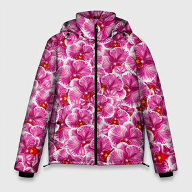 Мужская зимняя куртка 3D с принтом Розовые орхидеи в Новосибирске, верх — 100% полиэстер; подкладка — 100% полиэстер; утеплитель — 100% полиэстер | длина ниже бедра, свободный силуэт Оверсайз. Есть воротник-стойка, отстегивающийся капюшон и ветрозащитная планка. 

Боковые карманы с листочкой на кнопках и внутренний карман на молнии. | fashion flowers | pink | tropical | азия | бабочки | бразилия | букет | бутоны | джунгли | лепестки | лето | любимая | марта | нежные | орхидея | подарок | природа | растения | тропики | тропические | узор | цветение