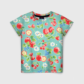 Детская футболка 3D с принтом Яркое лето в Новосибирске, 100% гипоаллергенный полиэфир | прямой крой, круглый вырез горловины, длина до линии бедер, чуть спущенное плечо, ткань немного тянется | арт | бирюзовый | зелёный | клубника | рисунок | ромашка | ромашки | цвета | цветы | черника | яблоки | яблоко