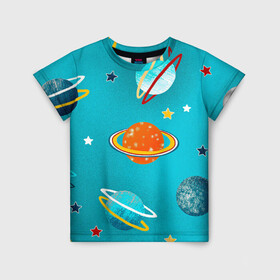 Детская футболка 3D с принтом Необычные планеты в Новосибирске, 100% гипоаллергенный полиэфир | прямой крой, круглый вырез горловины, длина до линии бедер, чуть спущенное плечо, ткань немного тянется | Тематика изображения на принте: арт | бирюзовый | венера | звезда | звёзды | земля | марс | планета | планеты | рисунок | рисунок карандашом | сатурн | синий