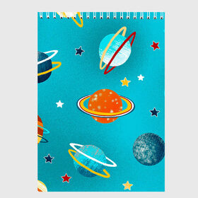 Скетчбук с принтом Необычные планеты в Новосибирске, 100% бумага
 | 48 листов, плотность листов — 100 г/м2, плотность картонной обложки — 250 г/м2. Листы скреплены сверху удобной пружинной спиралью | Тематика изображения на принте: арт | бирюзовый | венера | звезда | звёзды | земля | марс | планета | планеты | рисунок | рисунок карандашом | сатурн | синий