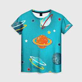 Женская футболка 3D с принтом Необычные планеты в Новосибирске, 100% полиэфир ( синтетическое хлопкоподобное полотно) | прямой крой, круглый вырез горловины, длина до линии бедер | арт | бирюзовый | венера | звезда | звёзды | земля | марс | планета | планеты | рисунок | рисунок карандашом | сатурн | синий