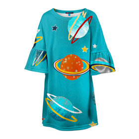 Детское платье 3D с принтом Необычные планеты в Новосибирске, 100% полиэстер | прямой силуэт, чуть расширенный к низу. Круглая горловина, на рукавах — воланы | арт | бирюзовый | венера | звезда | звёзды | земля | марс | планета | планеты | рисунок | рисунок карандашом | сатурн | синий