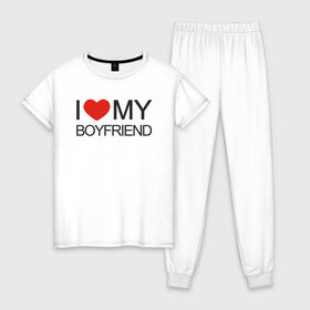 Женская пижама хлопок с принтом I love my boyfriend в Новосибирске, 100% хлопок | брюки и футболка прямого кроя, без карманов, на брюках мягкая резинка на поясе и по низу штанин | 