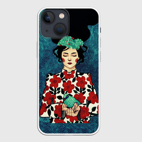 Чехол для iPhone 13 mini с принтом Самоцветная девушка в Новосибирске,  |  | flowers | girl | венок | девушка | лилии | одуванчики | птичка | ромашки | синичка | узор | цветы