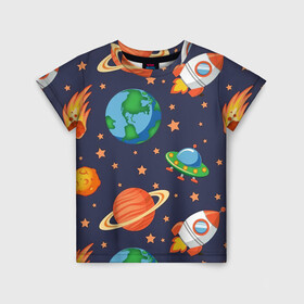Детская футболка 3D с принтом Космическое путешествие в Новосибирске, 100% гипоаллергенный полиэфир | прямой крой, круглый вырез горловины, длина до линии бедер, чуть спущенное плечо, ткань немного тянется | Тематика изображения на принте: арт | астероид | астероиды | звезда | звёзды | земля | космос | планета | планеты | ракета | ракеты | рисунок | сатурн | фобас