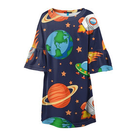 Детское платье 3D с принтом Космическое путешествие в Новосибирске, 100% полиэстер | прямой силуэт, чуть расширенный к низу. Круглая горловина, на рукавах — воланы | арт | астероид | астероиды | звезда | звёзды | земля | космос | планета | планеты | ракета | ракеты | рисунок | сатурн | фобас