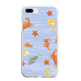 Чехол для iPhone 7Plus/8 Plus матовый с принтом Морские обитатели в Новосибирске, Силикон | Область печати: задняя сторона чехла, без боковых панелей | арт | жёлтый | звезда | звёзды | коралл | кораллы | краб | крабы | красный | медуза | медузы | море | морская звезда | морские звёзды | морские коньки | морской конёк | песок | рисунок | рыба | рыбы