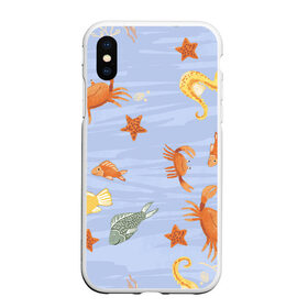 Чехол для iPhone XS Max матовый с принтом Морские обитатели в Новосибирске, Силикон | Область печати: задняя сторона чехла, без боковых панелей | арт | жёлтый | звезда | звёзды | коралл | кораллы | краб | крабы | красный | медуза | медузы | море | морская звезда | морские звёзды | морские коньки | морской конёк | песок | рисунок | рыба | рыбы