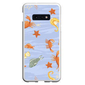 Чехол для Samsung S10E с принтом Морские обитатели в Новосибирске, Силикон | Область печати: задняя сторона чехла, без боковых панелей | арт | жёлтый | звезда | звёзды | коралл | кораллы | краб | крабы | красный | медуза | медузы | море | морская звезда | морские звёзды | морские коньки | морской конёк | песок | рисунок | рыба | рыбы