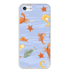 Чехол для iPhone 5/5S матовый с принтом Морские обитатели в Новосибирске, Силикон | Область печати: задняя сторона чехла, без боковых панелей | арт | жёлтый | звезда | звёзды | коралл | кораллы | краб | крабы | красный | медуза | медузы | море | морская звезда | морские звёзды | морские коньки | морской конёк | песок | рисунок | рыба | рыбы