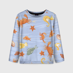 Детский лонгслив 3D с принтом Морские обитатели в Новосибирске, 100% полиэстер | длинные рукава, круглый вырез горловины, полуприлегающий силуэт
 | арт | жёлтый | звезда | звёзды | коралл | кораллы | краб | крабы | красный | медуза | медузы | море | морская звезда | морские звёзды | морские коньки | морской конёк | песок | рисунок | рыба | рыбы