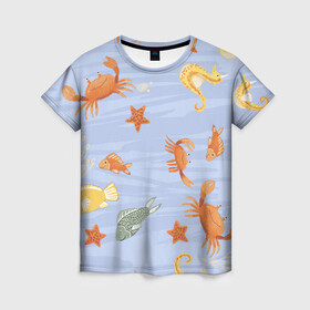 Женская футболка 3D с принтом Морские обитатели в Новосибирске, 100% полиэфир ( синтетическое хлопкоподобное полотно) | прямой крой, круглый вырез горловины, длина до линии бедер | арт | жёлтый | звезда | звёзды | коралл | кораллы | краб | крабы | красный | медуза | медузы | море | морская звезда | морские звёзды | морские коньки | морской конёк | песок | рисунок | рыба | рыбы