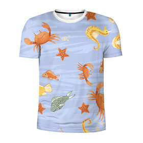 Мужская футболка 3D спортивная с принтом Морские обитатели в Новосибирске, 100% полиэстер с улучшенными характеристиками | приталенный силуэт, круглая горловина, широкие плечи, сужается к линии бедра | арт | жёлтый | звезда | звёзды | коралл | кораллы | краб | крабы | красный | медуза | медузы | море | морская звезда | морские звёзды | морские коньки | морской конёк | песок | рисунок | рыба | рыбы