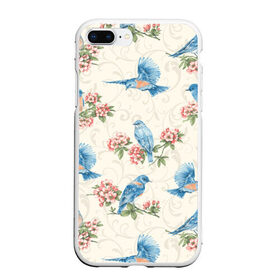 Чехол для iPhone 7Plus/8 Plus матовый с принтом Синие птицы в Новосибирске, Силикон | Область печати: задняя сторона чехла, без боковых панелей | арт | вектор | ветка | ветки | жёлтый | зеленый | птица | птицы | рисунок | рисунок карандашом | розовый | синий | цветок | цветочная ветка | цветочные ветки | цветы