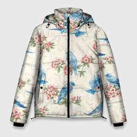 Мужская зимняя куртка 3D с принтом Синие птицы в Новосибирске, верх — 100% полиэстер; подкладка — 100% полиэстер; утеплитель — 100% полиэстер | длина ниже бедра, свободный силуэт Оверсайз. Есть воротник-стойка, отстегивающийся капюшон и ветрозащитная планка. 

Боковые карманы с листочкой на кнопках и внутренний карман на молнии. | арт | вектор | ветка | ветки | жёлтый | зеленый | птица | птицы | рисунок | рисунок карандашом | розовый | синий | цветок | цветочная ветка | цветочные ветки | цветы