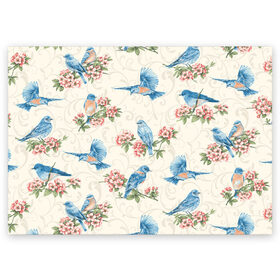 Поздравительная открытка с принтом Синие птицы в Новосибирске, 100% бумага | плотность бумаги 280 г/м2, матовая, на обратной стороне линовка и место для марки
 | Тематика изображения на принте: арт | вектор | ветка | ветки | жёлтый | зеленый | птица | птицы | рисунок | рисунок карандашом | розовый | синий | цветок | цветочная ветка | цветочные ветки | цветы